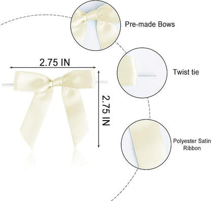 50 PCS Beige Twist Tie Bows 2.5" Satin Ribbon Bows Decor for Gift Wrapping Craft Treat Bags Cake Pop Basket, Wedding Baby Shower Birthday Party Favors