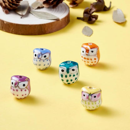 Beadthoven 5pcs Owl Porcelain Beads Lucky Animal Ceramic Beads Colorful Printed Cute Owl Bird Handmade Large Hole Ceramic Loose Spacers for Bracelets Necklace DIY Jewelry Making 17x15mm Hole: 3mm