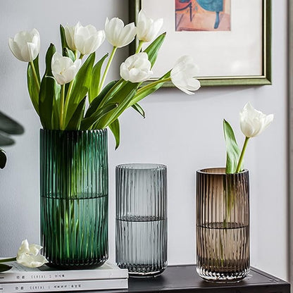 Muyan 9.8" Flower Vase for Decor Ribbed Glass Vase Modern for Centerpieces Desktop Home Office Dining Living Room Wedding (Green)