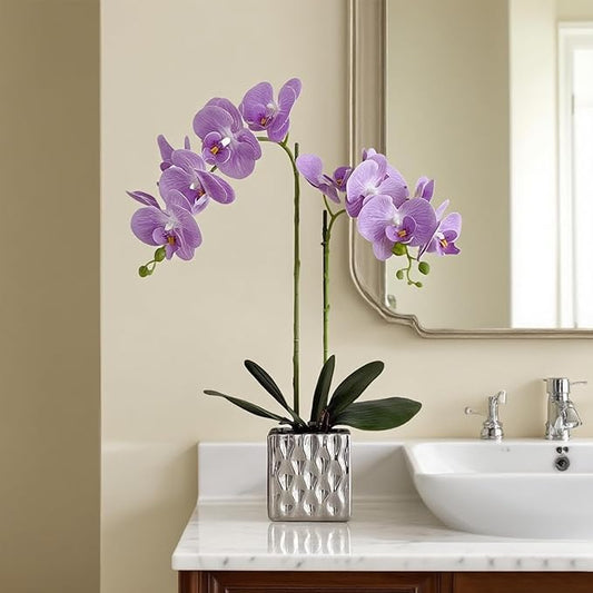 LISU Artificial Orchids, Silver Vases, Home Decoration Flower Arrangements,Purple Orchids Fake Flowers in Vases.