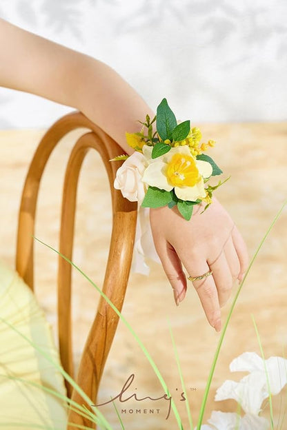 Ling's moment 6pcs Wedding Wrist Corsage Artificial Flowers, Girl/Mother Homecoming Prom Corsages Wristlet Décor, etc. Yellow Blush