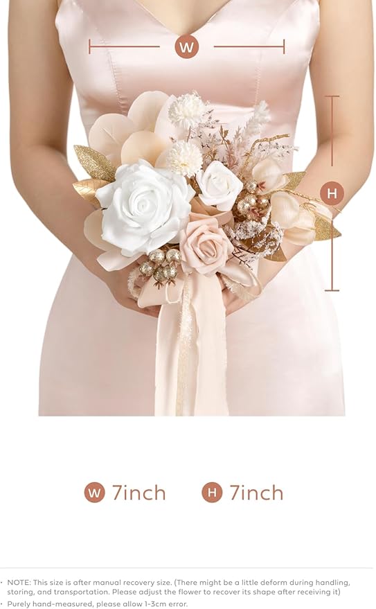 Ling's moment Artificial Flowers Boho Bridesmaid Bouquet Set of 4, White Beige Wedding Flowers Bouquets for Bridesmaids, 7 Inch Bridal Bouquets for Bridesmaids, Wedding, Ceremony, Anniversary, etc
