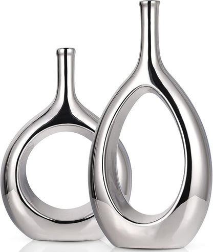 Glossy Silver Vase Ceramic Silver Vases Home Decor,Modern Minimalist Circle with Hole Decorative Vase, Hollow Ellipse Flower vases for Bookshelf, Fireplace Mantle, Centerpieces,Farmhouse,Rustic Décor