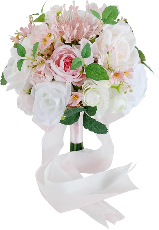 S_SSOY Wedding Bouquet Bride,Bride Bridal Bouquet Bridesmaid Artificial Flowers for Ceremony Anniversary Party Bridal Shower Decoration Wedding Bouquets (Pink White)