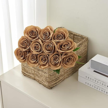 12pcs Coffee Roses Artificial Flowers Fake Roses Silk Flowers Roses with Long Stems for Wedding Home Party Centerpieces Decorations