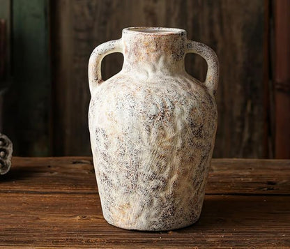 Vintage Wabi Sabi Ceramic Vase – 7.87 Inch Farmhouse Flower Vase with Handle, Rustic Decorative Pot for Entryway, Shelf, Floral Arrangement, Boho Home Decor