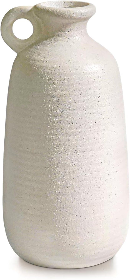Sunddo White Vase with Handle, 10 inch Ceramic Rustic Vase, Farmhouse Decor, Boho Modern Decorations, Table, Living Room, Shelf, Mantel Decor