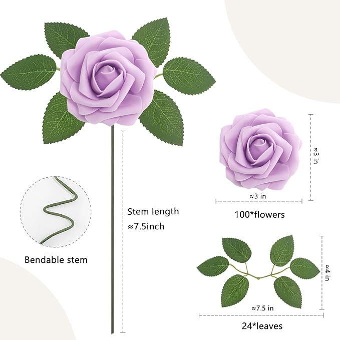 100PCS Light Purple Artificial Flowers Roses Real Looking Foam Fake Roses with Leaves for DIY Wedding Bouquets Bridal Shower Party Decorations (Lilac, 100)