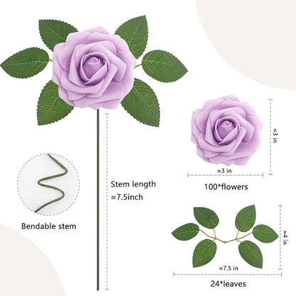 100PCS Light Purple Artificial Flowers Roses Real Looking Foam Fake Roses with Leaves for DIY Wedding Bouquets Bridal Shower Party Decorations (Lilac, 100)