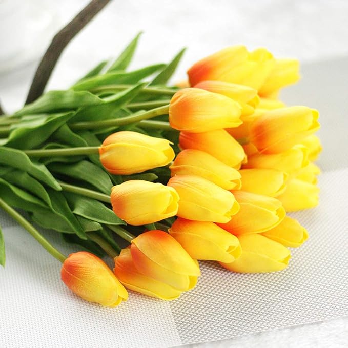 30pcs Artificial Tulips Flowers Real Touch Orange Tulips Fake Holland PU Tulip Bouquet Latex Flowers for Wedding Party Office Home Kitchen Decoration (Orange)