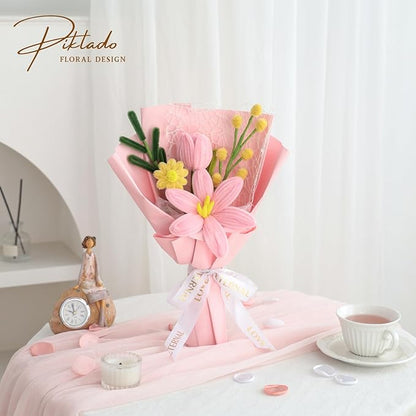 Hand-Woven Flower Bouquet Finished（1pcs） for Women Girlfriend Birthday Gift Wedding Decoration Crochet Artificial Flower, Bouquet Gift (Pink-Y)