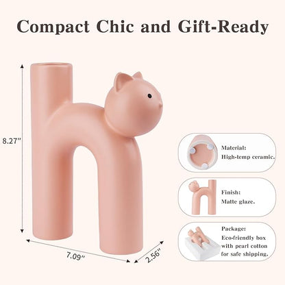Pink Cat Lover Gift – Cute Animal Vase for Dried Flowers, Pampas Grass – Kawaii Boho Decor for Girls Room, Desk, or Shelf – Gift for Women, Girlfriend & Cat Moms