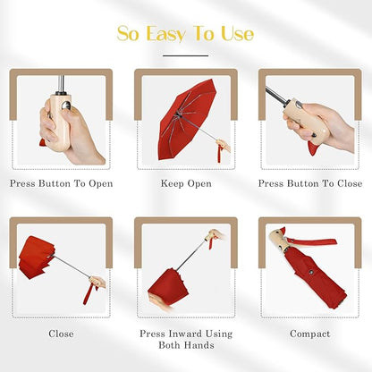 Cute Duck Umbrella Automatic - Compact Pretty Pocket Size Strong Duck Collapsible Umbrella Yellow Wooden Handle for Women