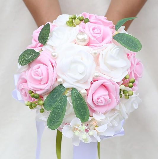 Lightweight Bridal Wedding Bouquet Round Holding Bouquet Throw Toss Artificial Rose Flower Bunch for Bride Bridesmaid Wedding Quinceanera (White & Pink, 9.1")
