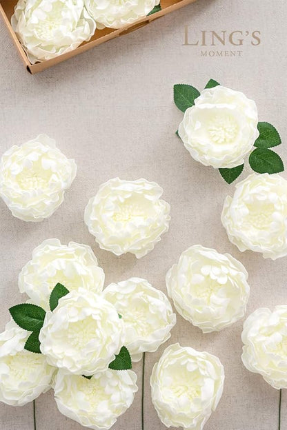 Ling's moment Flowers 16pcs Ivory Blooming Peonies Artificial Flowers with Stem, Artificial Peony Flowers for DIY Wedding Decorations Centerpieces Bouquets Boutonnieres