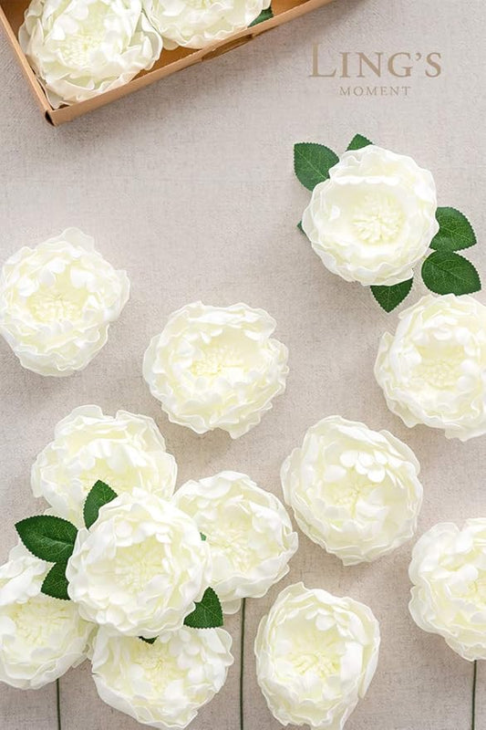 Ling's moment Flowers 16pcs Ivory Blooming Peonies Artificial Flowers with Stem, Artificial Peony Flowers for DIY Wedding Decorations Centerpieces Bouquets Boutonnieres
