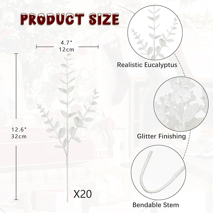 Hollyone 20 Pcs Glitter Artificial Eucalyptus Branches 13" Christmas Christmas Tree Picks and Sprays White Fake Eucalyptus Leaves for DIY Christmas Tree Garland Wreath Crafts Home Decoration