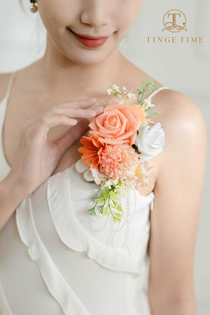 TINGE TIME Artificial Shoulder Corsages Flowers, Set of 2, Mother of The Bride Floral Corsage for Wedding Ceremony Anniversary Formal Dinner Party (CoralPink&Champagne)