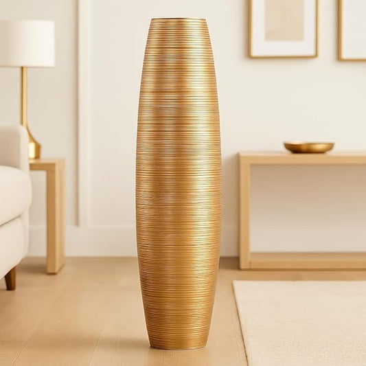 Leewadee Large Gold Home Decor Floor Vase - Wooden 34 inch Tall Farmhouse Decor Flower Holder for Fake Plant and Pampas Grass