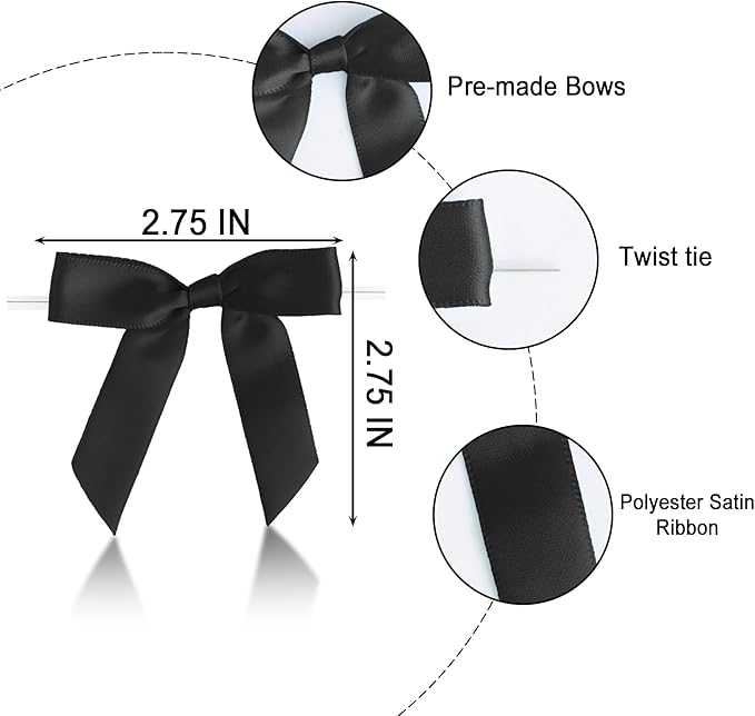50 PCS Black Twist Tie Bows 2.5" Satin Ribbon Bows Decor for Gift Wrapping Craft Treat Bags Cake Pop Basket, Wedding Baby Shower Birthday Party Favors