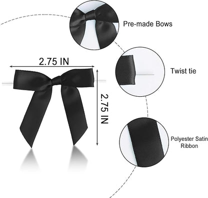 50 PCS Black Twist Tie Bows 2.5" Satin Ribbon Bows Decor for Gift Wrapping Craft Treat Bags Cake Pop Basket, Wedding Baby Shower Birthday Party Favors