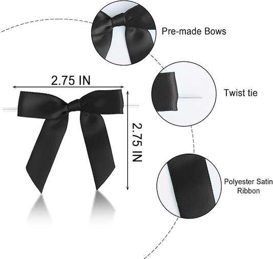 50 PCS Black Twist Tie Bows 2.5" Satin Ribbon Bows Decor for Gift Wrapping Craft Treat Bags Cake Pop Basket, Wedding Baby Shower Birthday Party Favors