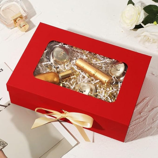Red Gift Box for Presents with Ribbon 10.8x7.5x3.5 Inches Clear Gift Box with Window Magnetic Closure Gift Boxes with Lids
