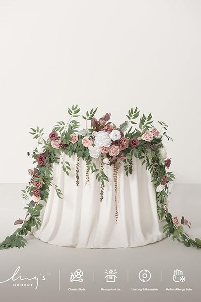 Ling's moment 9FT Eucalyptus and Willow Leaf Garland with White Flower, Handcrafted Wedding Sweetheart Table Centerpieces Head Table Decor Arch Backdrop Decorations for Wedding | Dusty Rose & Mauve