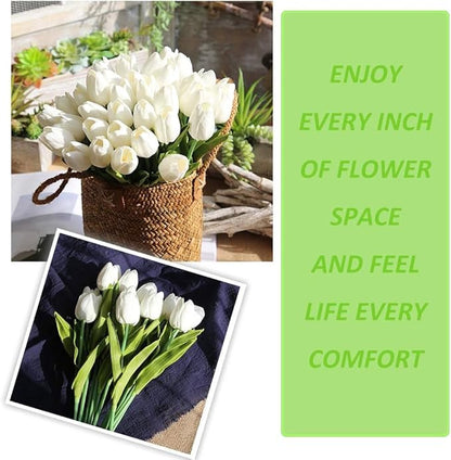 WeTop 30pcs Real Touch Tulips PU Artificial Flowers, Fake Tulips Flowers for Arrangement Wedding Party Easter Spring Home Dining Room Office Decoration. (White, 14" Tall)