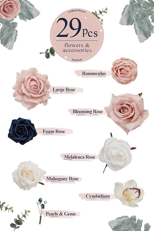 TINGE TIME Artificial Flowers Combo Mix Silk Flowers Pink Roses w/stem for DIY Wedding Bridal Bouquets Baby Shower Floral Arrangement Table Centerpieces Home Decorations (Navy Blue & Dusty Rose)