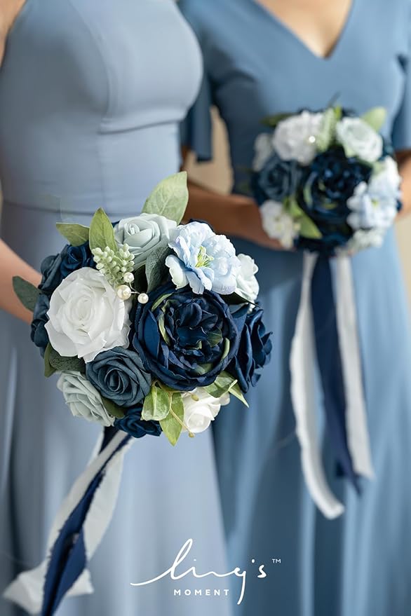 Ling's Moment Artificial Flowers Dusty Blue & Navy Blue Bridesmaid Bouquet Set of 4, Wedding Flowers Bouquets for Bridesmaids, 7 Inch Bridal Bouquets for Bridesmaids, Wedding Decor, Ceremony, etc