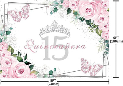SENDY 8x6ft Quinceañera Backdrop Mis Quince 15 Anos Birthday Party Decorations Supplies for Girl Princess Pink Floral Butterfly Silver Crown Photography Background Banner Photo Booth Studio Props
