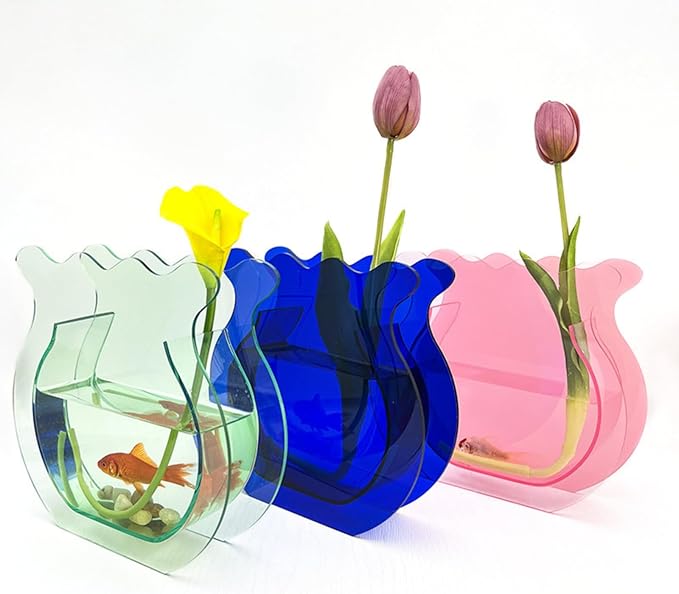 Acrylic Fish Bowl Flower Vase for Small Fish or Plant, Iridescent Dual-Use Decorative Vase for Home or Office Desk, Modern Rainbow Acrylic Bud Design Décor (Iridescent, Regular Size)