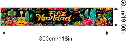 Feliz Navidad Banner 118 x 20 Inch Mexican Christmas Backdrop with Guitar Cactus Poinsettia Flowers Large Holiday Party Wall Decoration for Outdoor Fence Yard Porch Photography