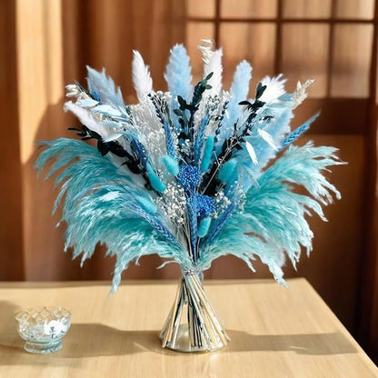 Blue Dried Flowers Bouquet with Pampas Grass - Boho Home Decor and DIY Floral Arrangements for Bedroom, Office, and Wedding Centerpieces