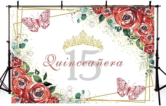 SENDY 7x5ft Quinceañera Backdrop Mis Quince 15 Anos Birthday Party Decorations Supplies for Girl Princess Red Floral Flowers Butterfly Gold Crown Photography Background Banner Photo Booth Studio Props