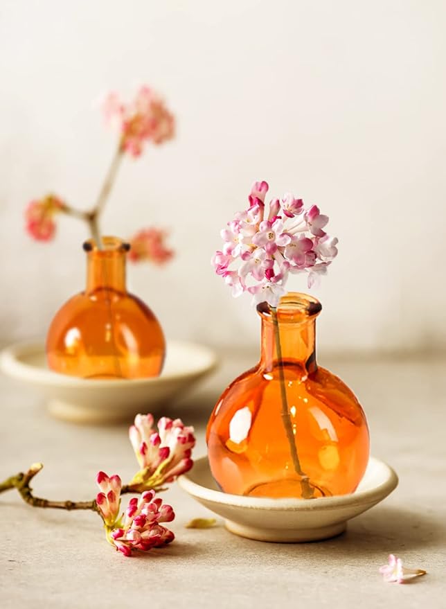 Serene Spaces Living Set of 6 Small Amber Ball Bud Vase, Vintage Glass Bottle Vases for Weddings, Events, Parties, Floral Centerpieces for Home Decor, Measures 3" Diameter & 4" Tall