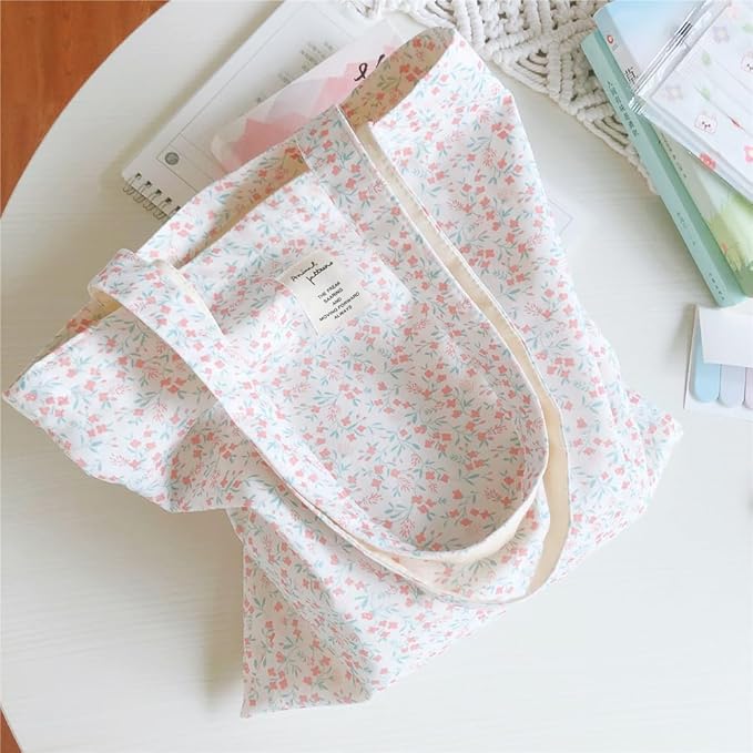 Cotton Canvas Tote Bag Reusable Soft Grocery Cloth Bag Floral Shoulder Bag for Beach Travel Shopping