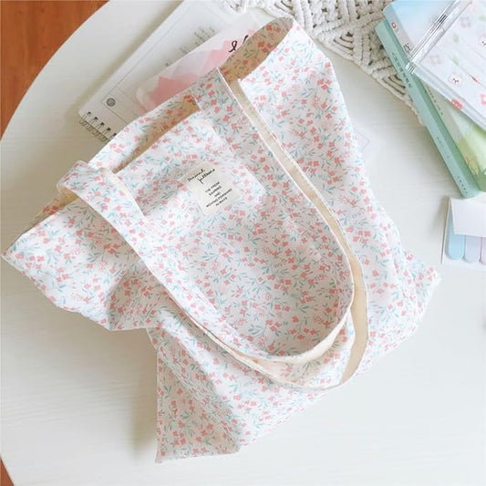 Cotton Canvas Tote Bag Reusable Soft Grocery Cloth Bag Floral Shoulder Bag for Beach Travel Shopping