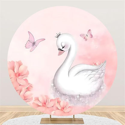 AOFOTO Swan Round Backdrop Pink Floral Butterfly Print Photography Background for Baby Shower Women Newborn Girls Birthday Party Banner Home Wall Decor Photo Studio Booth Props 6x6ft