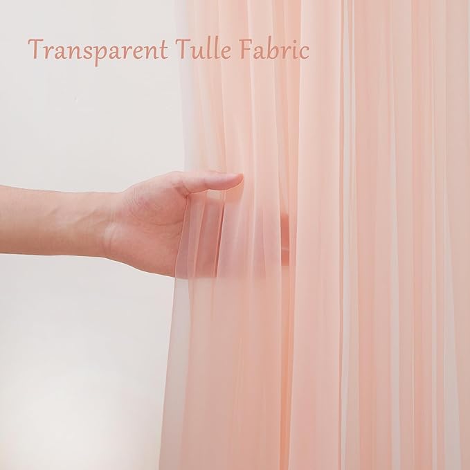 20x10ft Peach Tulle Backdrop Curtain with Lights String for Parites, Sheer Backdrop Curtains for Wedding Baby Shower Birthday Party Photo Shoot Decorations