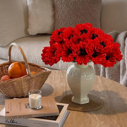 Melorca&Guilla Artificial Flowers,24Pcs 13.5inch Red Poppy Fake Flowers,Real Touch Faux Flowers, Spring Décor Fake Silk Flowers for Wedding Kitchen Shop Office Home Décor (24, Red Cornpoppy)