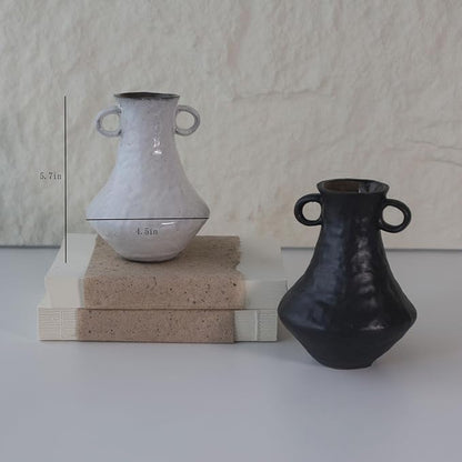 Rustic Small Ceramic Vase, Handcrafted Black Farmhouse Vase, Wabi Sabi Pottery Decor for Kitchen, Bedroom, Office, Living Room, Bathroom, Shelf Centerpiece Table