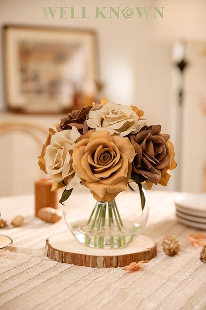 WELL KNOWN Silk Rose Artificial Flowers Arrangements with Vase, Artificial Coffee & Orange Rose Bouquet in Vase with Faux Water for Fall Home Party Wedding Table Centerpieces Decor & Gift (Earth)