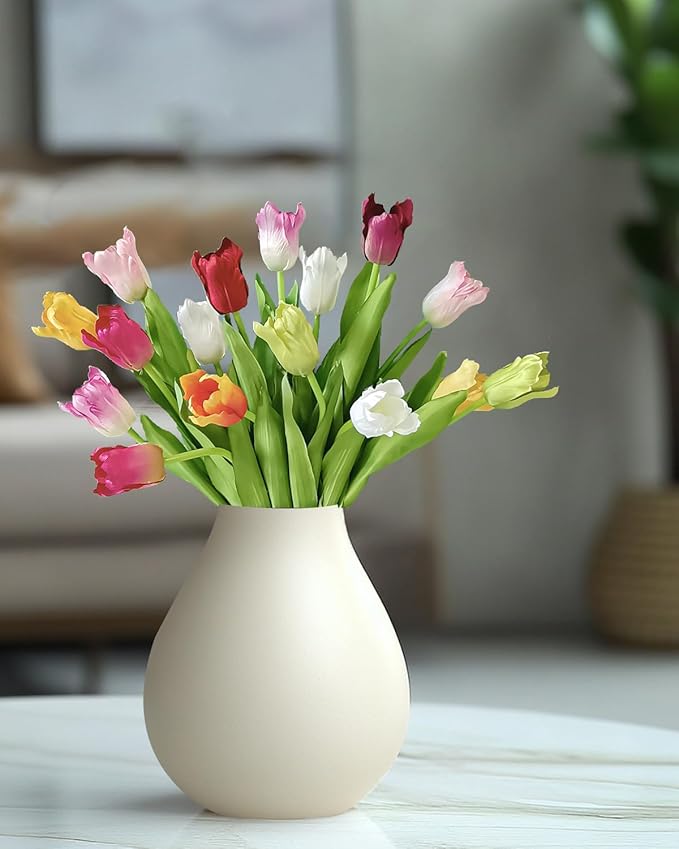 12pcs Tulips Artificial Flowers Real Touch Silk Faux Flowers Tulip Stems for Wedding Spring Bouquet Floral Arrangement Home Party Office Decorations (White Pink red Orange Green Yellow)