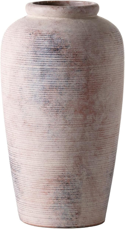 Large Rustic Ceramic Vase, 11 Inch Farmhouse Decorative Vases for Home Decor, Vintage Tall Flower Vase for Dining Table Centerpiece Living Room Kitchen Fireplace Mantle Bookshelf, Wabi Sabi Decoration