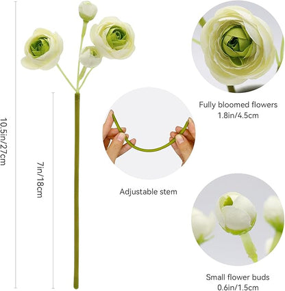 24 Pcs Ranunculus Artificial Flowers 10.5", Mini Faux Silk Ranunculus with Stem, Fake Flowers for Home Decor Indoor Wedding Bouquets Centerpieces (White and Green)