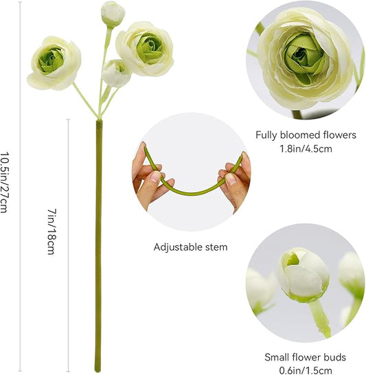 24 Pcs Ranunculus Artificial Flowers 10.5", Mini Faux Silk Ranunculus with Stem, Fake Flowers for Home Decor Indoor Wedding Bouquets Centerpieces (White and Green)