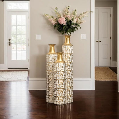 Floor Oversized Gold Metal Decorative Vase with 3D Triangle Pattern Set of 3 Large Vases for Home Living Room 33.5 ", 29.5 ", 25.2" High (Antique White)