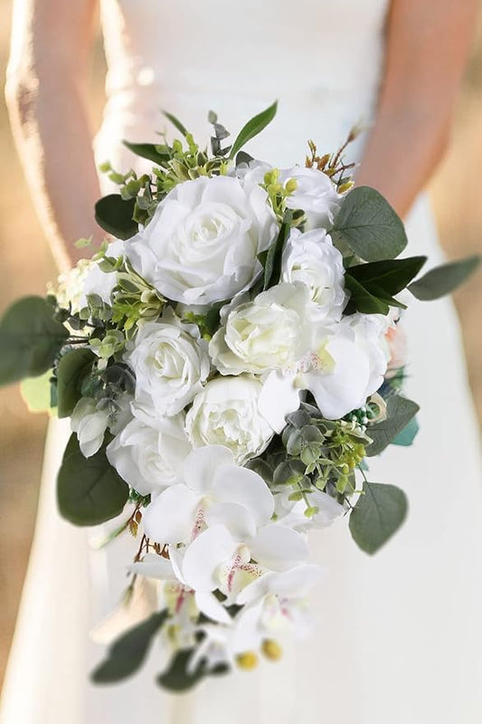 Artificial Bridal Bouquet, 11 Inch White Artificial Wedding Bouquets for Bride Bridal Bouquet Bridesmaid Bouquet Tossing Bouquet for Wedding Ceremony and Anniversary(White)